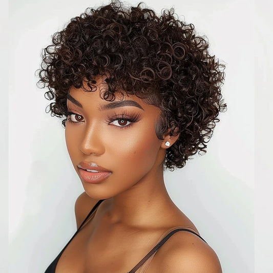Natural Brown 99J Afro Kinky Curly Pixie Bob Wig | Full Machine Made Human Hair with Bangs Luxegan