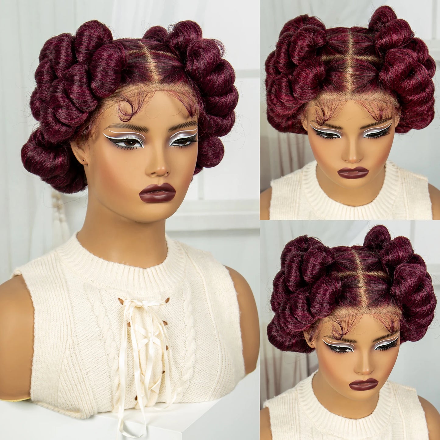 6" Short Cute Burgundy Bantu Knotless Braids Wig | Transparent Full Lace Luxegan