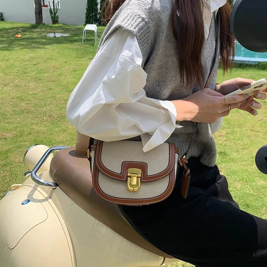 Retro Canvas Patchwork Crossbody Bag | Contrasting Color Saddle Bag