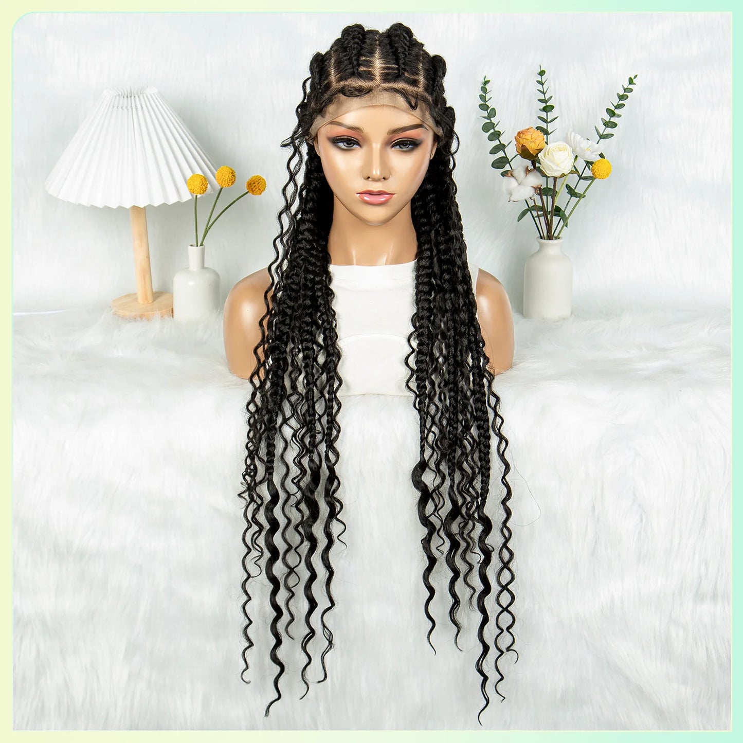 Cornrow Braided Wigs Synthetic Transparent Full Lace Wig With Baby Hair Braiding Wig Boho Cornrow Wig Curly End For Black Women