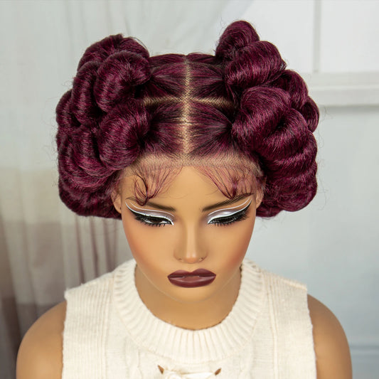 6" Short Cute Burgundy Bantu Knotless Braids Wig | Transparent Full Lace Luxegan