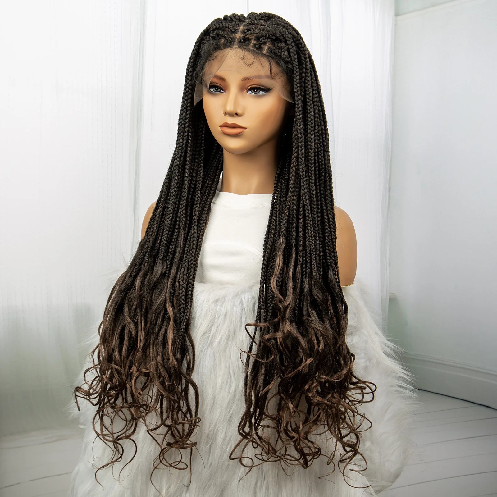 36" Knotless Braids Wig with Curly Ends | Lace Front | Synthetic Hair | Black Women - Luxegan