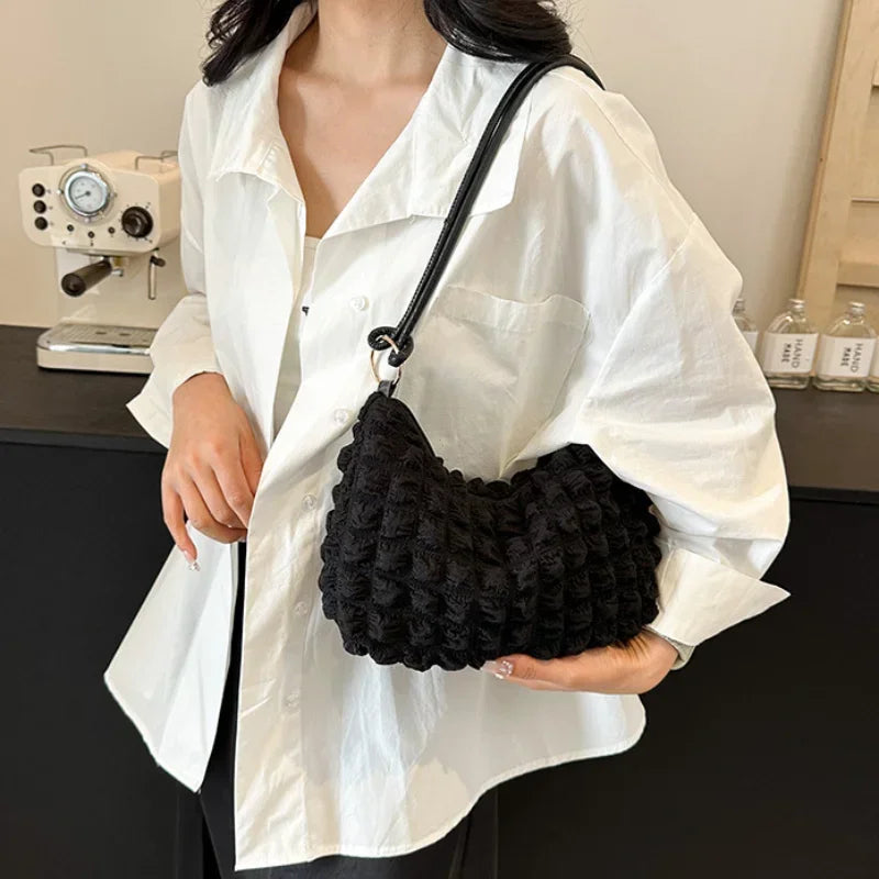 Canvas Wrinkle Bag for Women | Shoulder Bags & Pleated Bubbles Handbags (Padded Casual Underarm Quilted Tote Cloud Bag Purse) Luxegan
