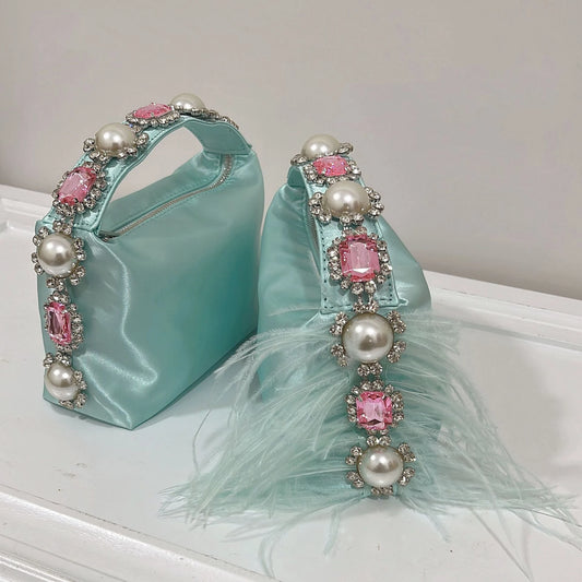 Luxury Feather & Pearl Evening Clutch | Designer Satin Wedding Purse with Diamond Decoration | Fashionable Sparkling Square Party Tote | Elegant White Satin Flap Handbag Luxegan