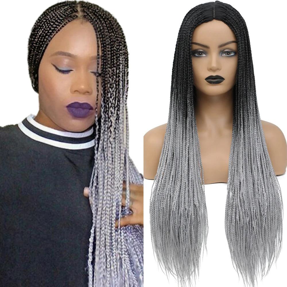 26" Ombre Box Braids Wig | Knotless | Crochet | 1B, 27, 30, Gray | Handmade Luxegan