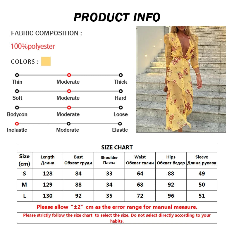 Floral V-Neck Three-Quarter Sleeve Pleated Tiered Slim Fit Mid-Calf Dress – Empire Waist, Spring Luxegan