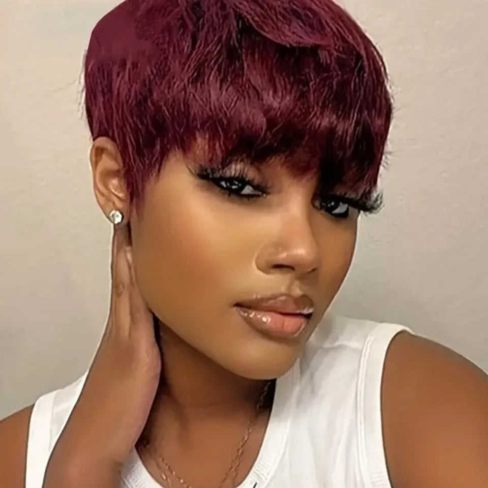 Rebecca Short Straight Pixie Bob Wig with Bangs | Glueless Brazilian Human Hair (Black & Brown) Luxegan