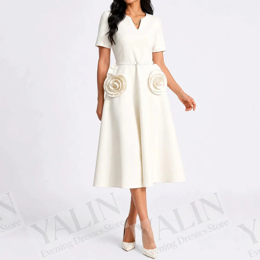 Flowers Sashes V-Neck Short Sleeve Tea-Length A-Line Prom Dress - view 2