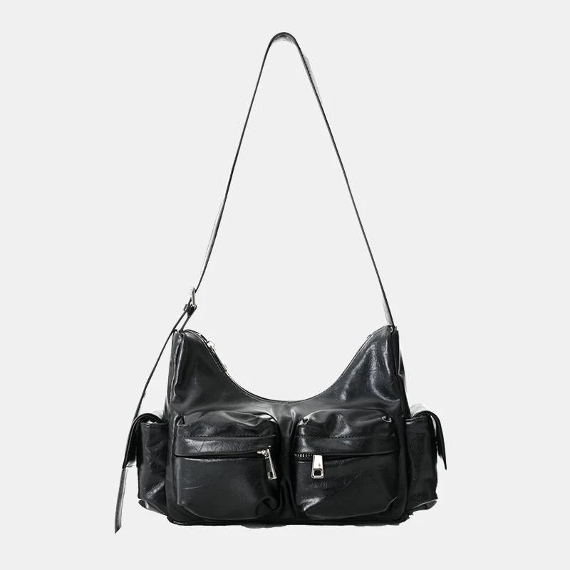 Fashion Trend Women's Y2K Biker Shoulder Bag | Vintage Black Multi-Pocket Crossbody | High-End Moto Style Underarm Satchel (Model 8355) Luxegan