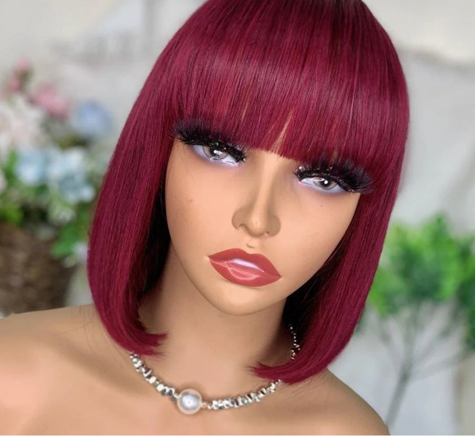 180D Orange/Ginger & Blonde Straight Human Hair Bob Wig with Bangs | Full Machine Made Remy for Women (P4/30, 613, 99J, T1B/27) Luxegan