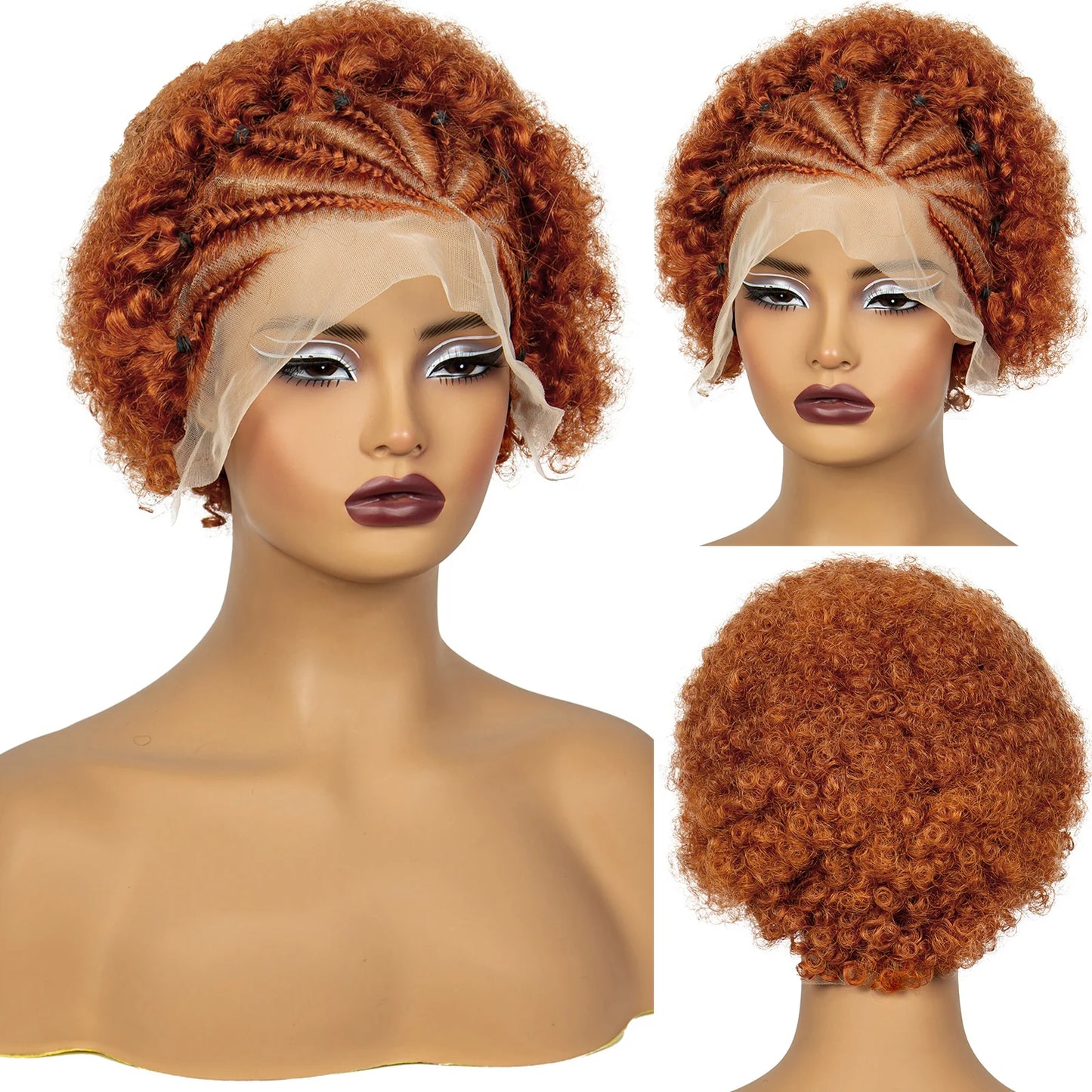 Natural Black Synthetic aBraided Wig | 13x4 Transparent Lace Front Short Afro Kinky Curly Braids Luxegan