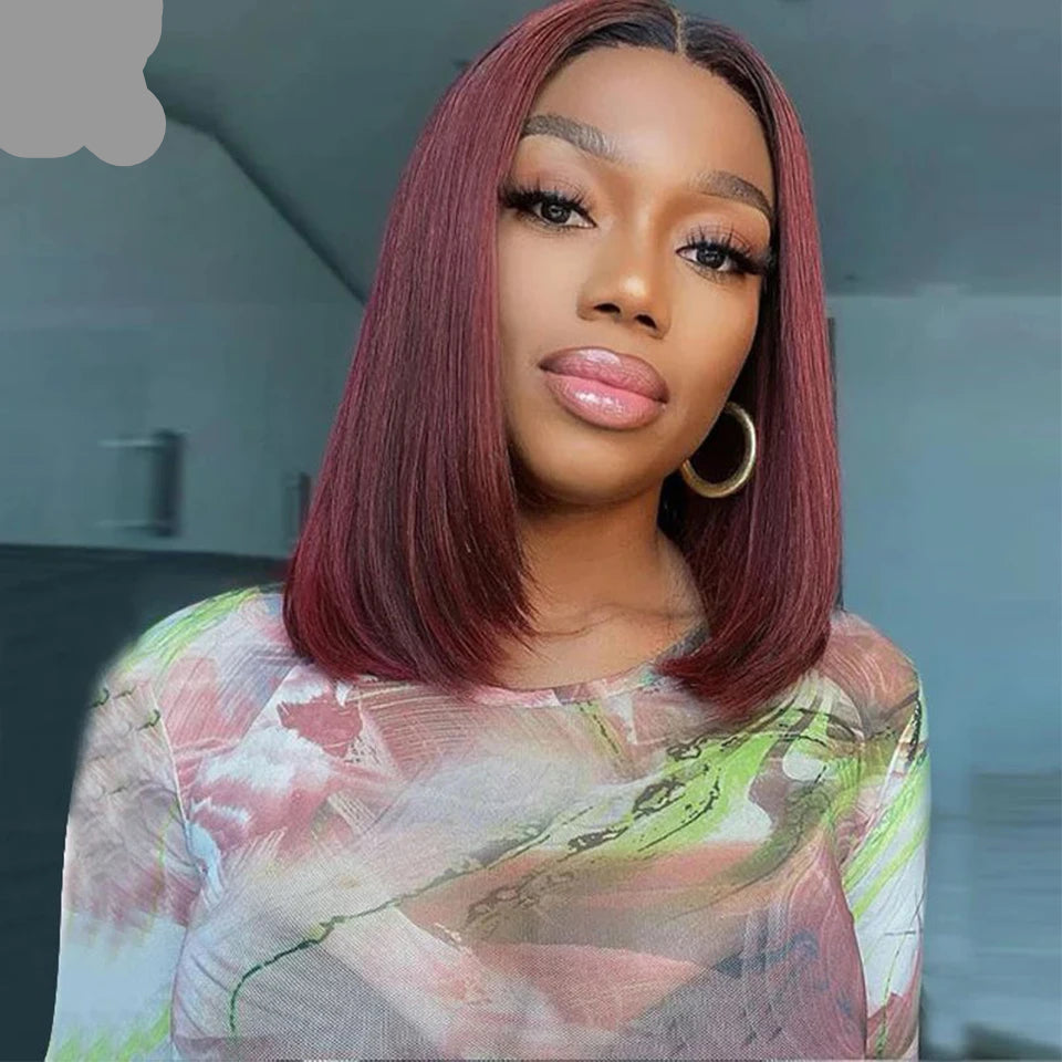 Wine Red Ombre 1B-99J Straight Bob Wig | 13x4 Transparent Lace Front Brazilian Human Hair Luxegan