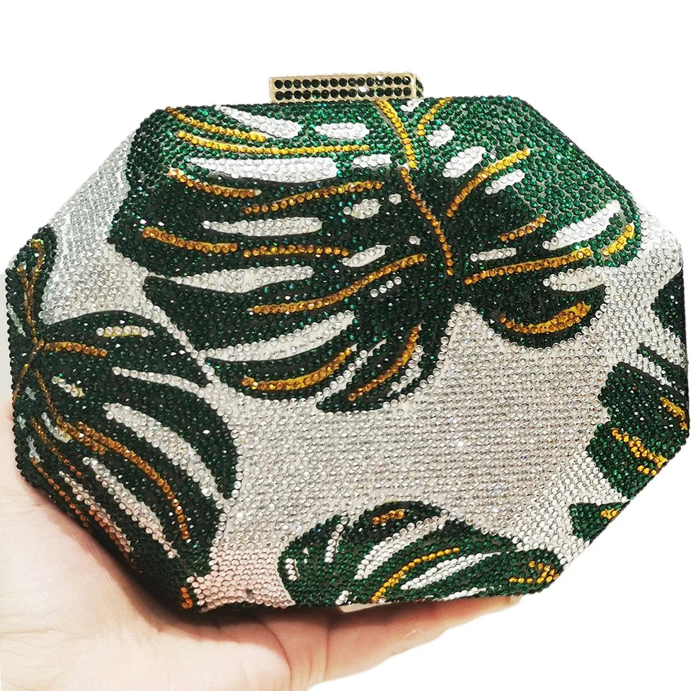 Green Leaf Diamond Evening Bag | Sophisticated Gold-Tone Crystal Wedding Clutch | Elegant Rhinestone Prom Handbag | "Dignified" Hard-Shell Floral Minaudière for Formal Party Styling