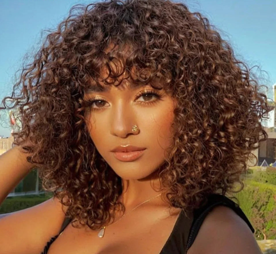 Jerry Curly Short Pixie Bob Wig with Bangs | Full Machine Made Remy Human Hair for Black Women Luxegan