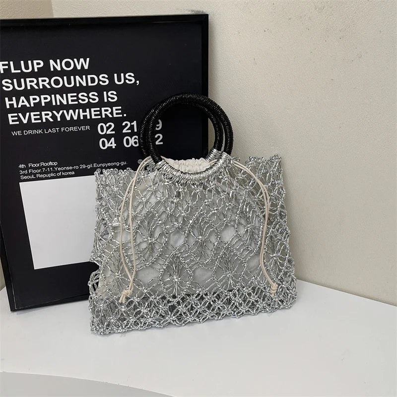 Handmade Woven Round Handle Handbag | Eco-Friendly Craft Paper Luxury Designer Bag | Hollow-Out Metallic Golden & Silver Top-Handle Tote | Sustainable Fashion Composite Bag Luxegan