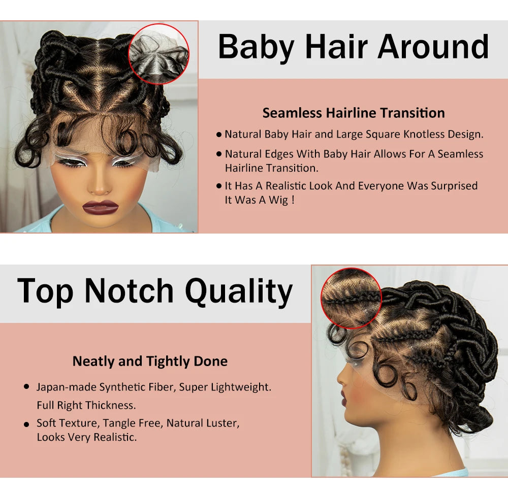 Burgundy Full Lace Synthetic Braided Wig | Knotless Box Braids & Bantu Knots | Lace Front Wig with Baby Hair for Black Women - Luxegan