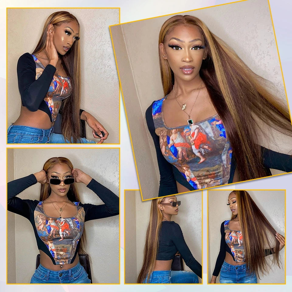 Highlight Glueless Human Hair Wig | Ready-to-Wear 200% Density Ombre Straight 13x6 HD Lace Frontal Wig (Pre-Plucked, Pre-Cut) Luxegan