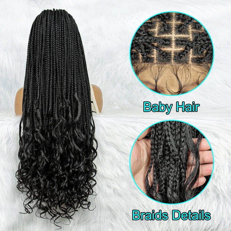 36 Inch Synthetic Braided Wigs Knotless Boho Braided Lace Wigs with Curly Ends Lace Front Braiding Hair Wig for Black Women Luxegan