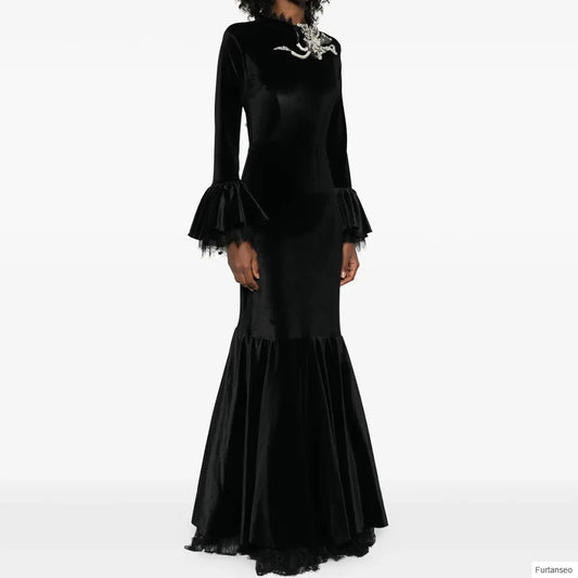 Lace Ruffle Floral Mermaid Evening Gown | High-Neck Full Sleeve Floor-Length Prom Dress - view 2