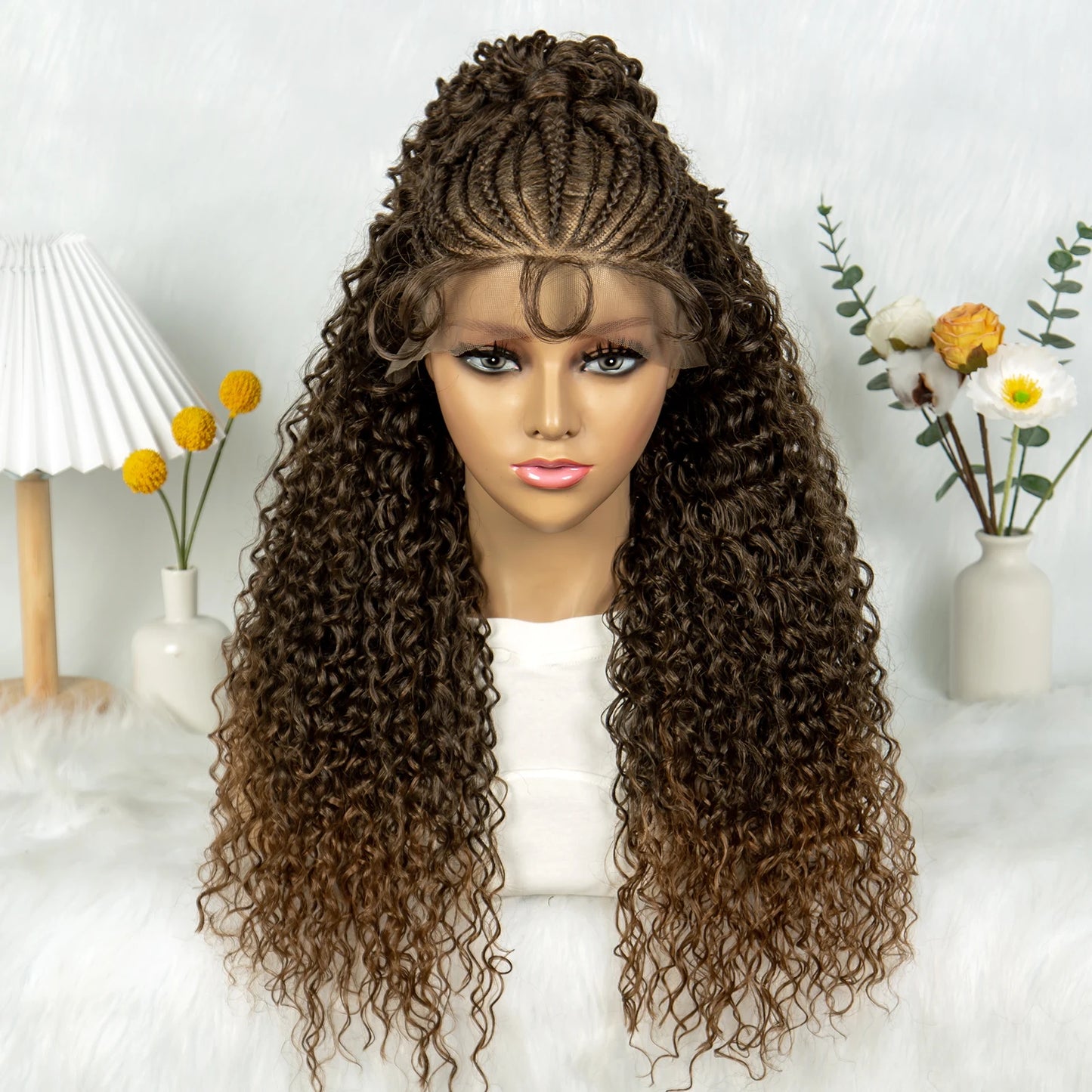 Kima Ombre Cornrow & Curly Ponytail Wig | 13x4 Lace Front | Half Updo | Synthetic Hair | Black Women