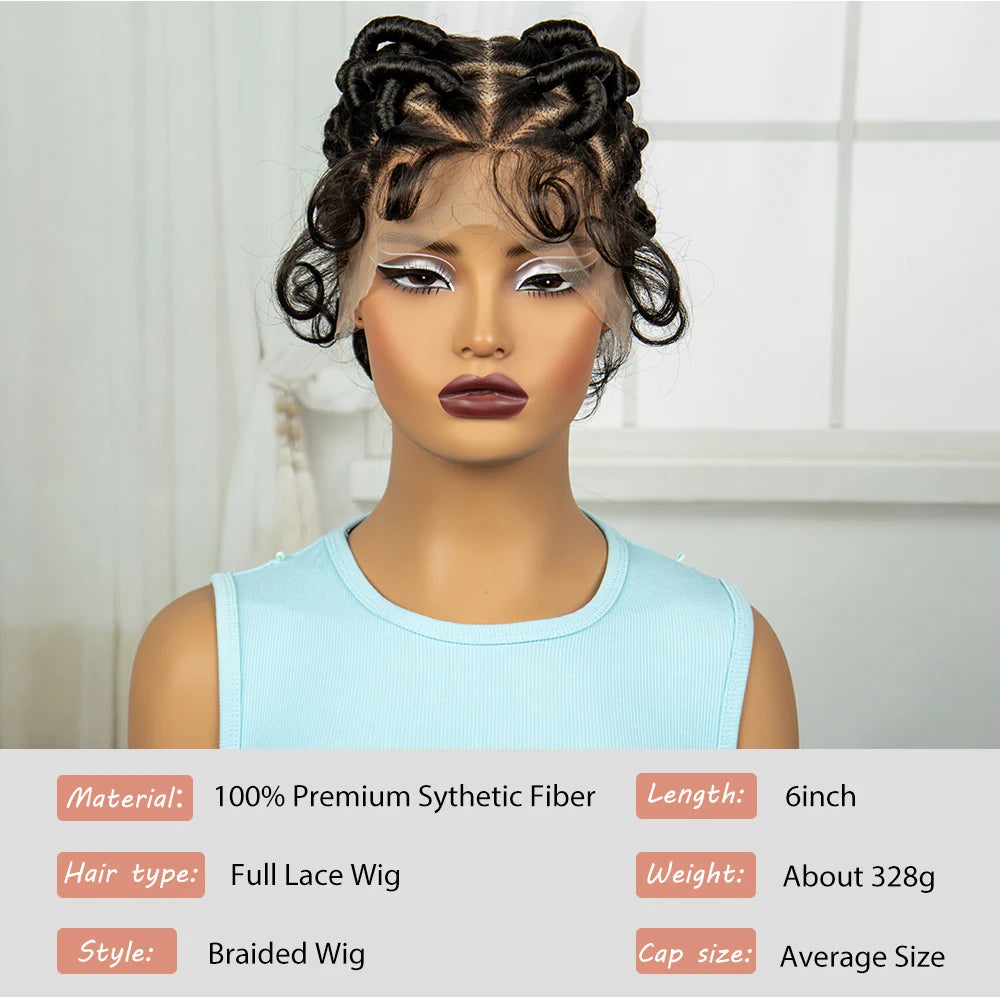 Burgundy Full Lace Synthetic Braided Wig | Knotless Box Braids & Bantu Knots | Lace Front Wig with Baby Hair for Black Women