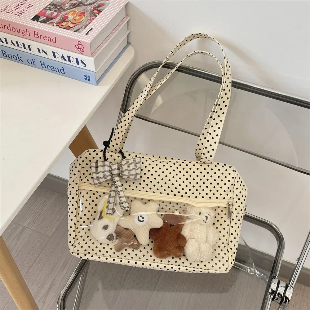 Y2K Ulzzang Ita Bag for Women | Trendy Polka Dot Canvas Shoulder & Underarm Tote (Transparent Pocket, Youth Fashion) Luxegan