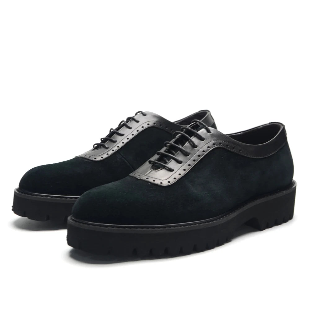 Designer Luxury Platform Oxfords for Men | Cow Suede Genuine Leather Black & Blue Casual Sneakers (Height Increasing) Luxegan