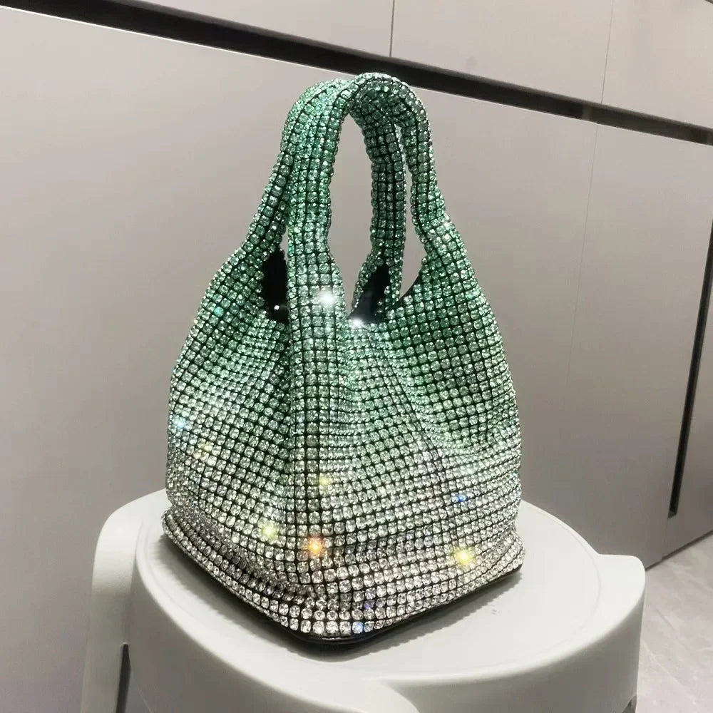 Shiny Crystal Clutch Purse Bucket Shoulder Bag Rhinestone Handmade Purses and Handbags | Luxury Designer Evening Clutch Bag Purse Luxegan