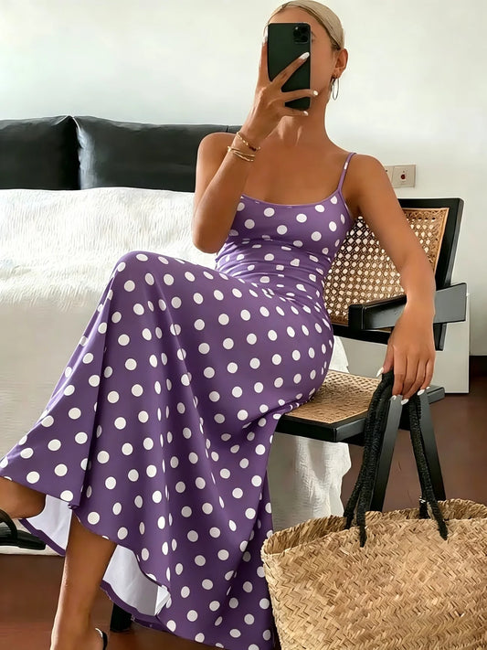 Polka Dot Asymmetric Maxi Dress | Sleeveless Slim Fit Elegant Casual Floor-Length Dress - view 2