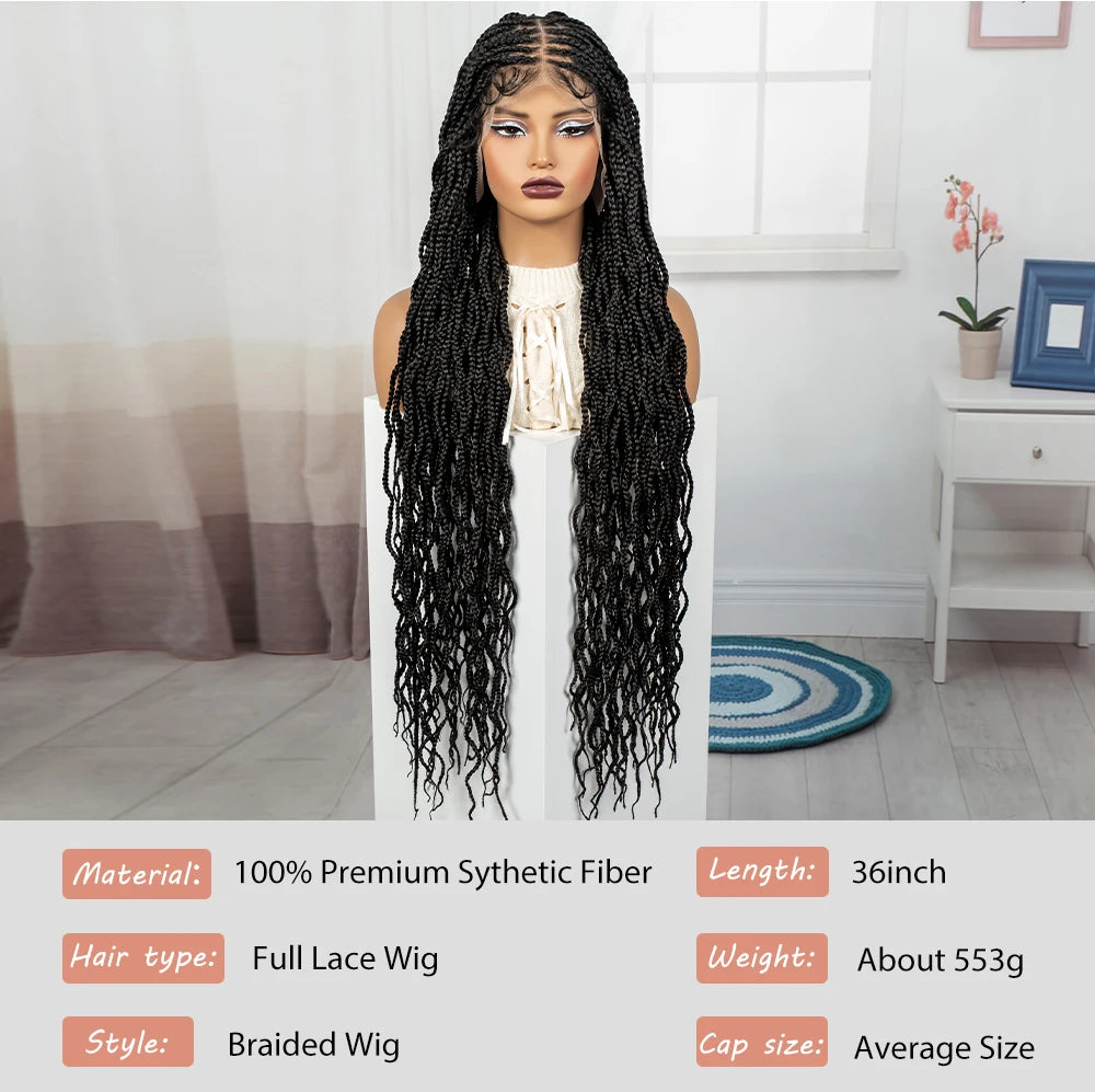 36" Boho Box Braids Wig with Curly Accents | HD Full Lace | Baby Hair Luxegan