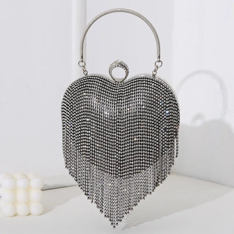Rhinestone Evening Bag | Heart Pattern Silver Handbag & Diamond Tassel Clutch Luxegan
