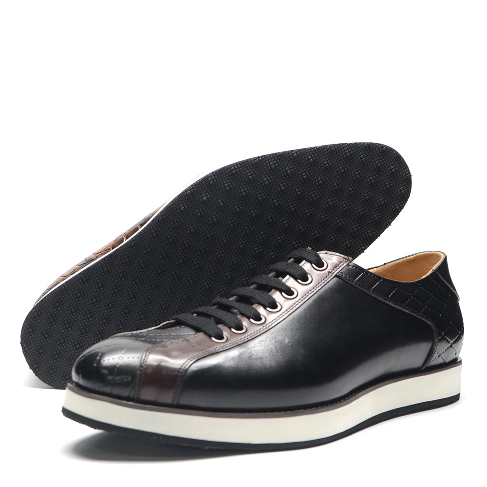 Europe 2024 Fall Luxury Men's Genuine Leather Plaid Casual Shoes | Black & Dark Brown Business Sneakers (Height Increasing) Luxegan