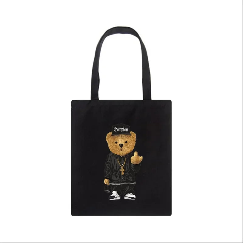 Fashion Bear Print Eco Women Shoulder Bags | Female Handbag Canvas Shopping Bag | Casual Large Ladies Travel Totes Bags Luxegan