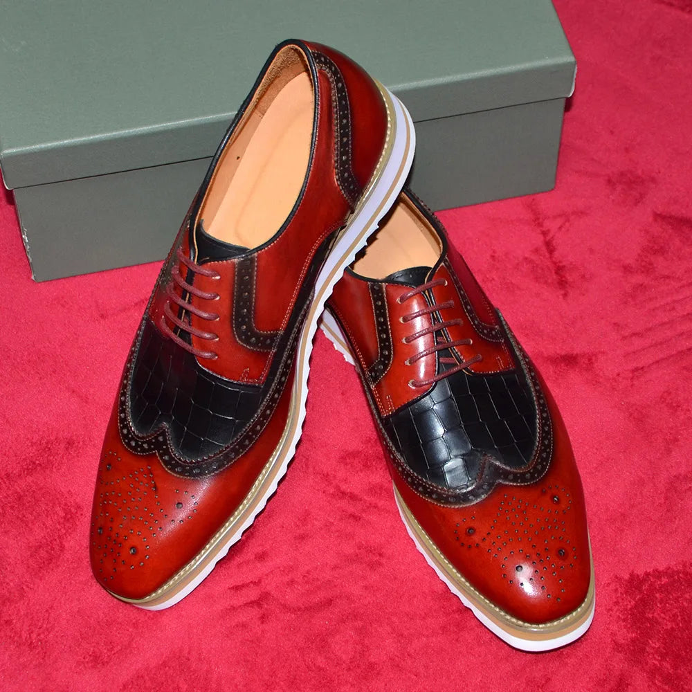 Italy Men's Wingtip Derby Shoes | Classic Modern Color Block Oxfords (Height Increasing, Genuine Leather) Luxegan