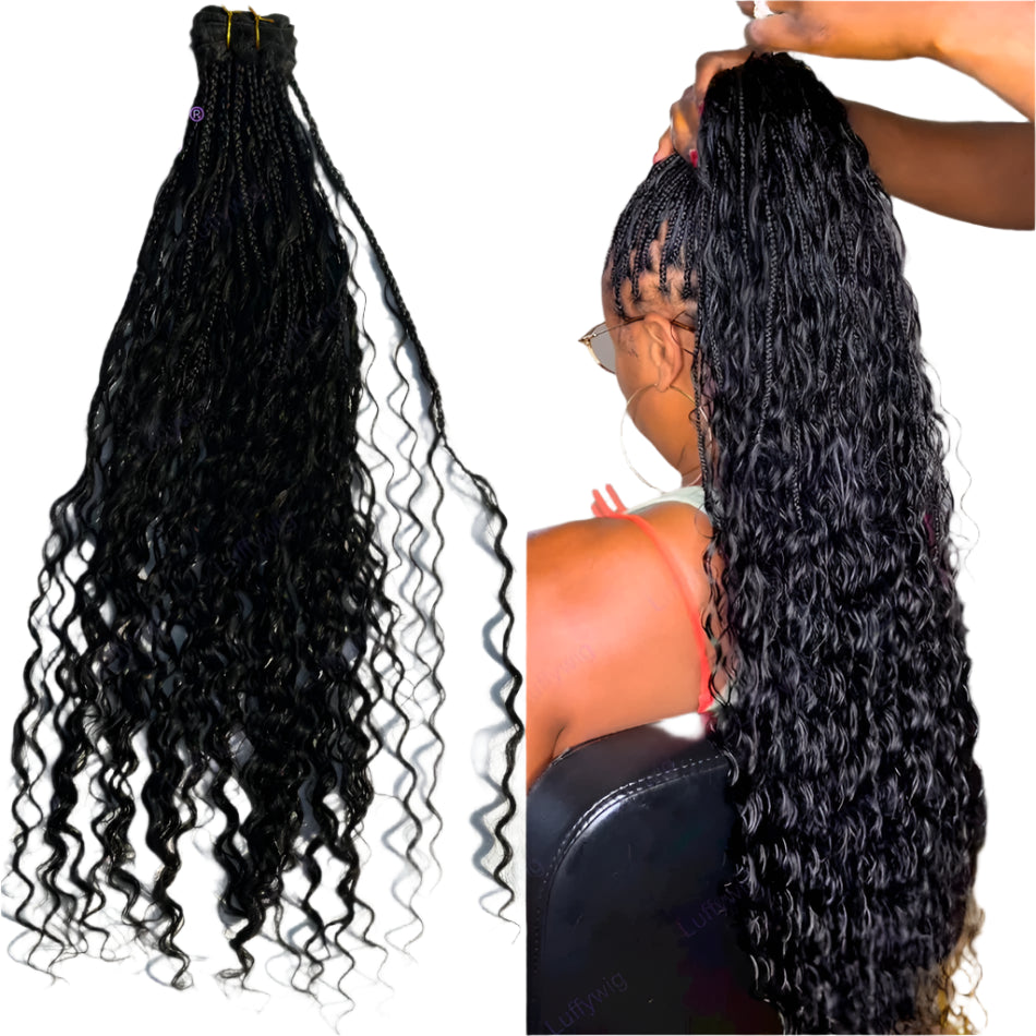 Boho Box Braids Crochet Human Hair Extensions | Curly Weave Bundles | Brazilian Hair | Natural Black | For Braiding & Styling Luxegan