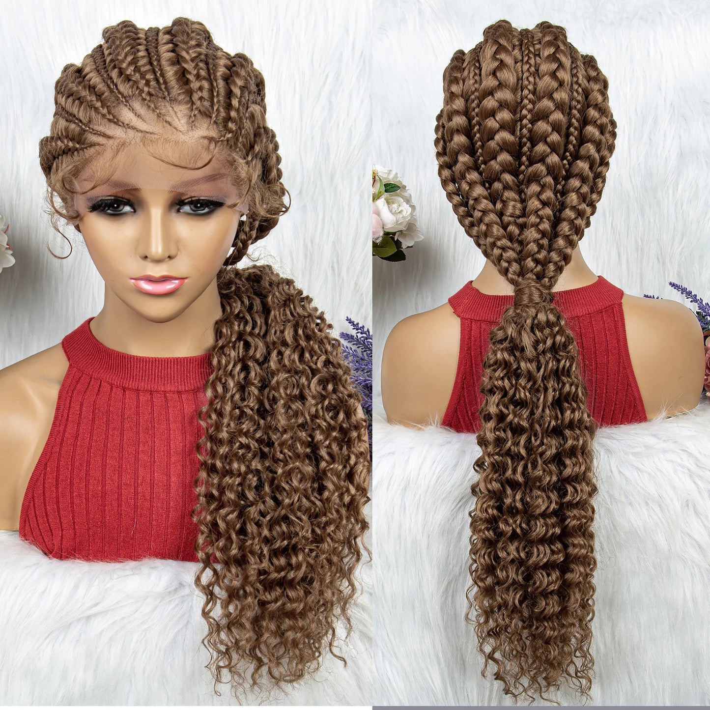 Curly Ends Cornrow Box Braids Wig | Handmade Lace Front | Baby Hair Luxegan