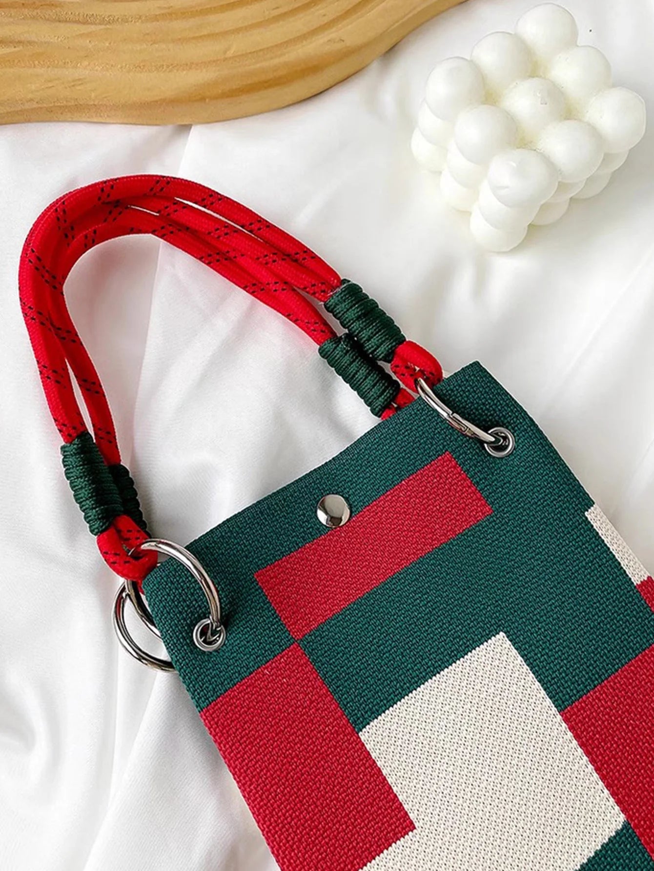 Red and Green Colour-Blocking Knitted Tote Bag | Small Square Double Handle Bag Luxegan