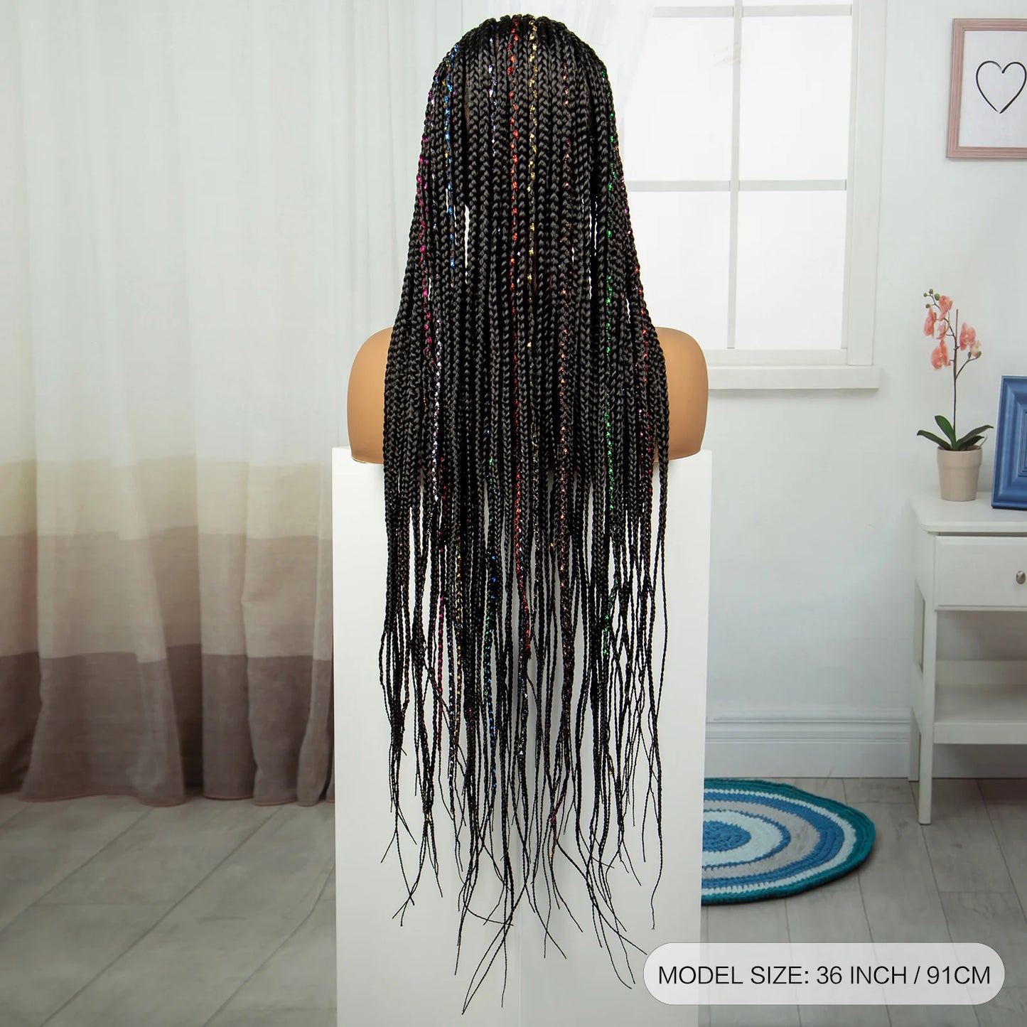 36" Knotless Box Braids Full Lace Wig | Colored Ribbons | Baby Hair | Long Synthetic Braids