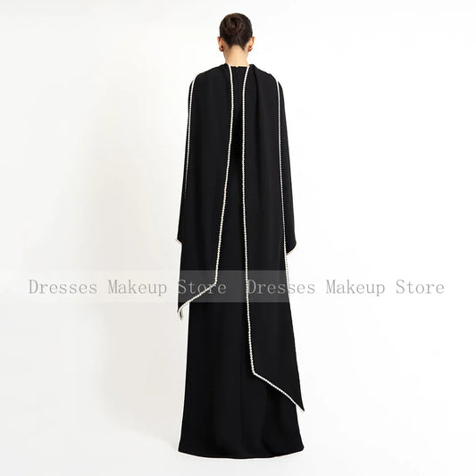 Vestido de Fiesta de Boda Personalizado Negro Corte A Perlas Manga Larga Cuello Redondo Vestido de Noche Larga Capa Árabe Saudita Vestido Formal de Noche