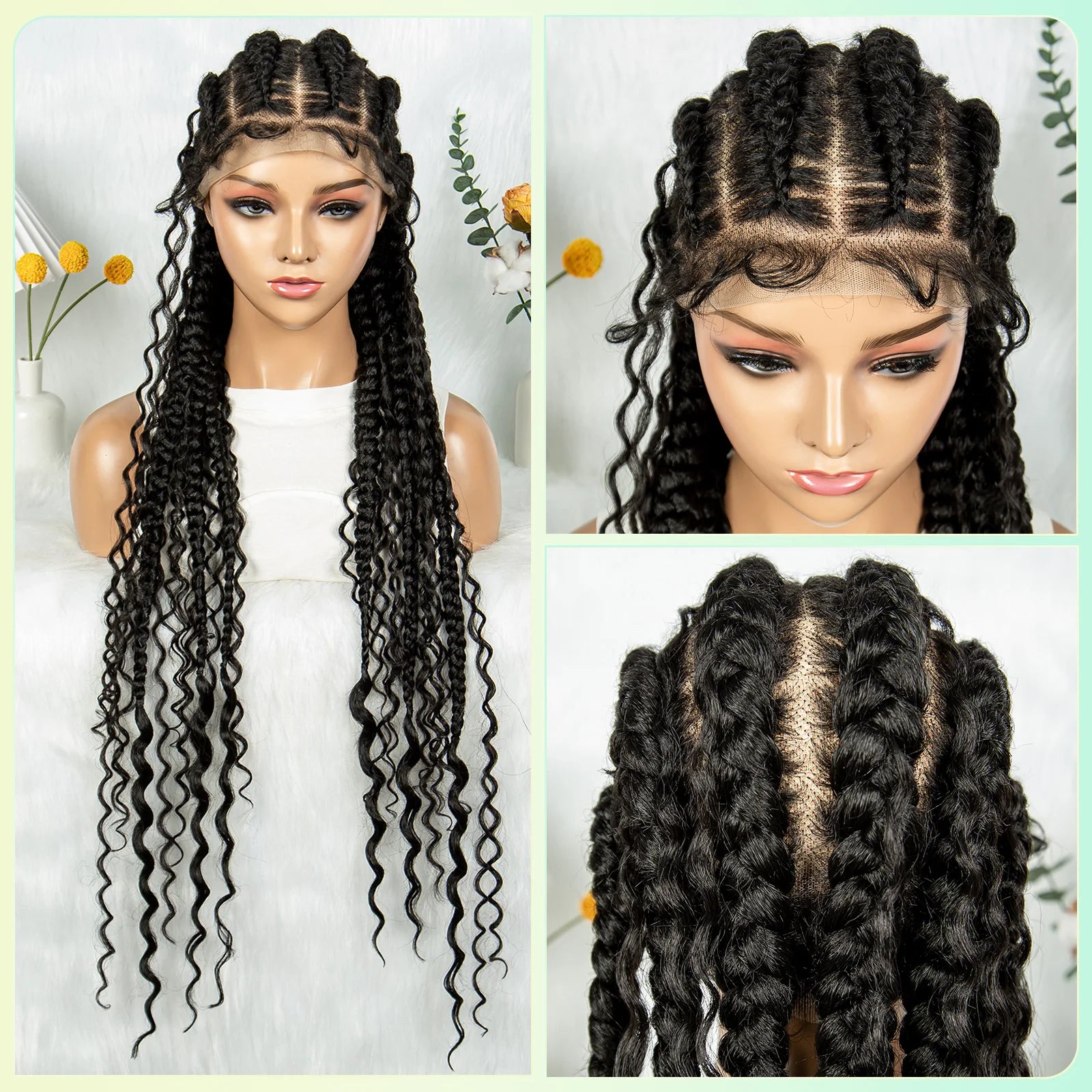32" Ghana Cornrow Boho Braids Wig | Full Lace Knotless with Curly Inset Luxegan