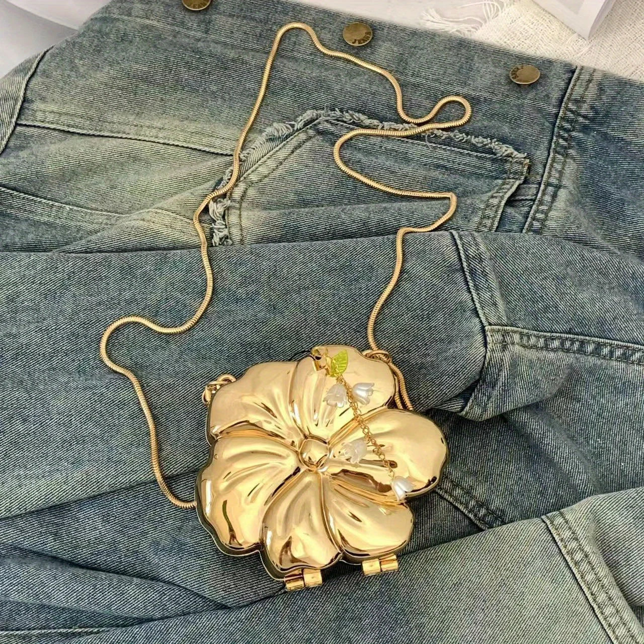 Rose Gold Acrylic Minaudiere with Lily of the Valley Charm | PVC Magnetic Messenger Bag Luxegan