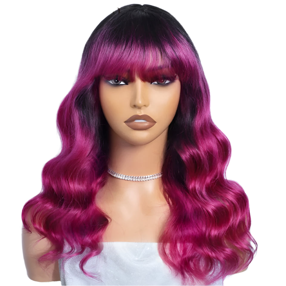 22" Body Wave Wig with Bangs | Full Machine Made Brazilian Virgin Remy Human Hair Luxegan