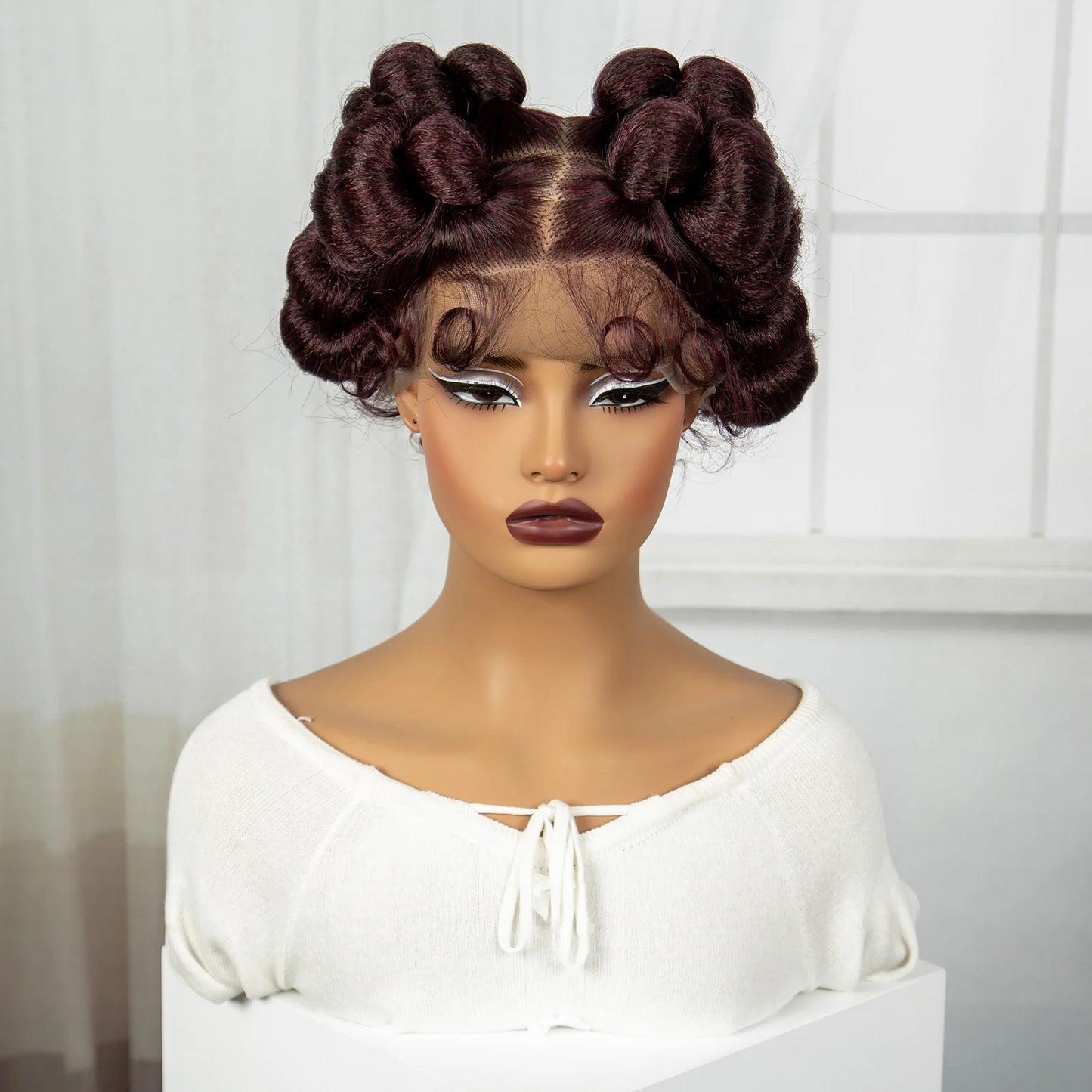 Short Cute Burgundy Bantu Knotless Braids Wig | Full Lace Handmade Luxegan