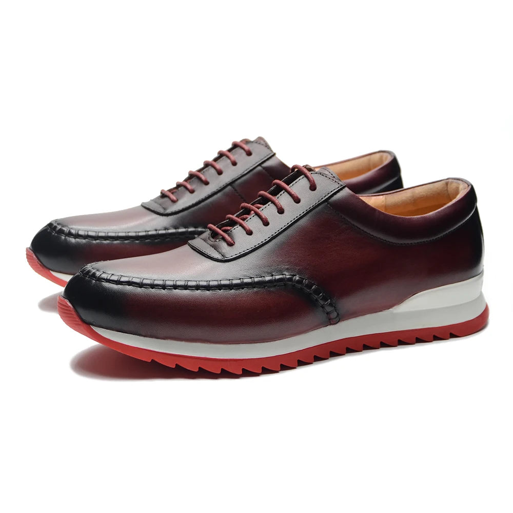Classy Men's Genuine Leather Low Top Sneakers | Red Bottom Lace-Up Casual Dress Shoes (Breathable) Luxegan
