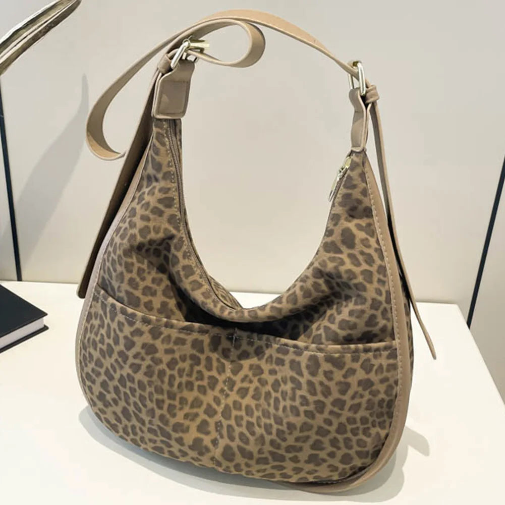 Women’s Leopard Print Faux Suede Crossbody Bag | Large Multi-Pocket Shoulder Tote | Trendy Leopard Pattern Hobo Messenger Bag | Versatile Soft Suede Handbag with Adjustable Strap Luxegan