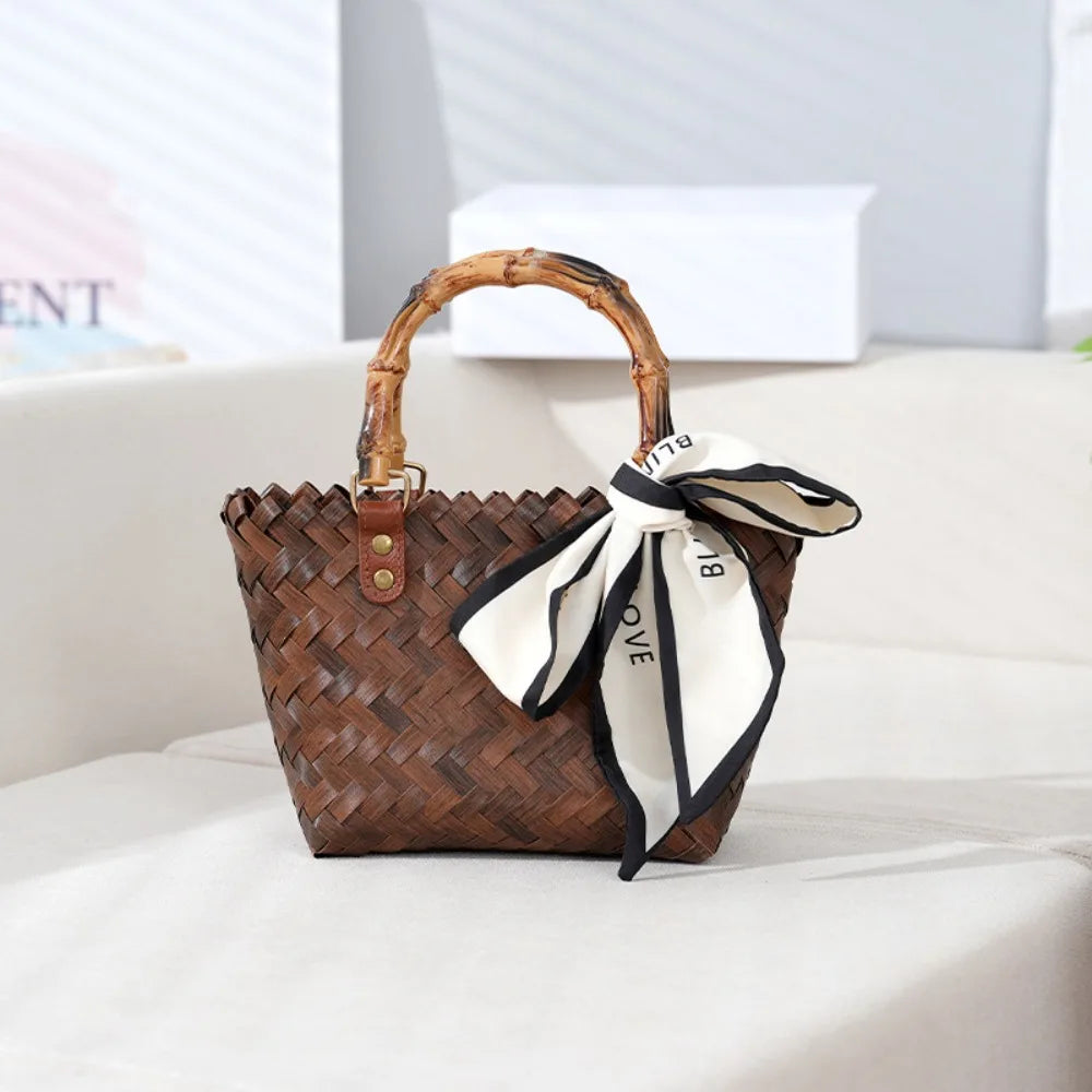 Women's Woven Large Capacity Bamboo Handle Handbags | Crochet Bag & Casual Female Shopping Tote (Vacation Beach Bag) Luxegan
