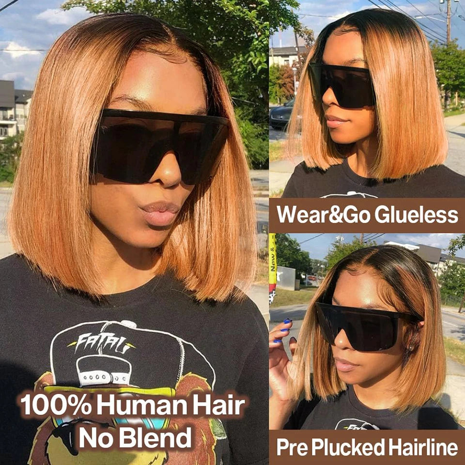 Ombre 1B/99J Burgundy & 1B/27 Honey Blonde Straight Bob Wig | HD Transparent Lace Front Human Hair (Glueless) Luxegan