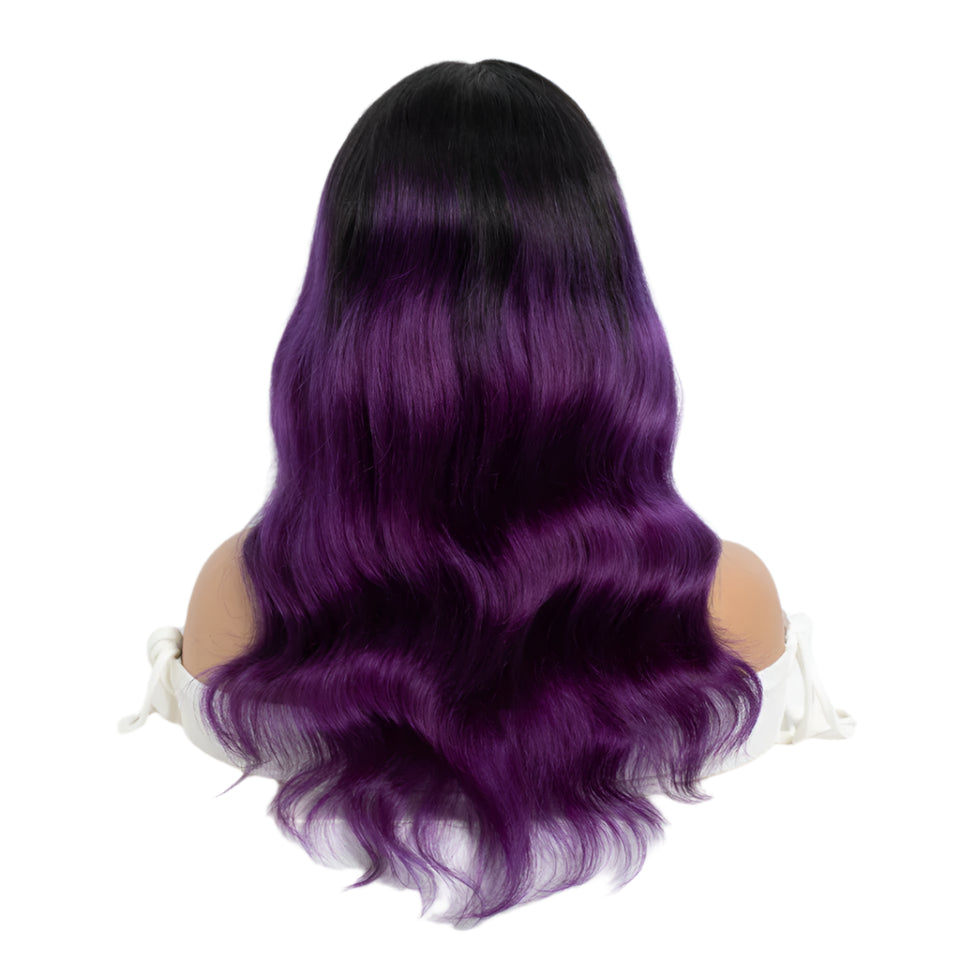 22" T1B/Purple Body Wave Wig with Bangs | "Put On & Go" Full Machine Made Human Hair Luxegan