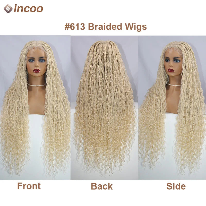 Long 32 Boho Braided Full Lace Front Wigs Synthetic Blonde Curly Goddess Locs Cornrows Wigs Pre Plucked Baby Hair Box Braids Wig Luxegan