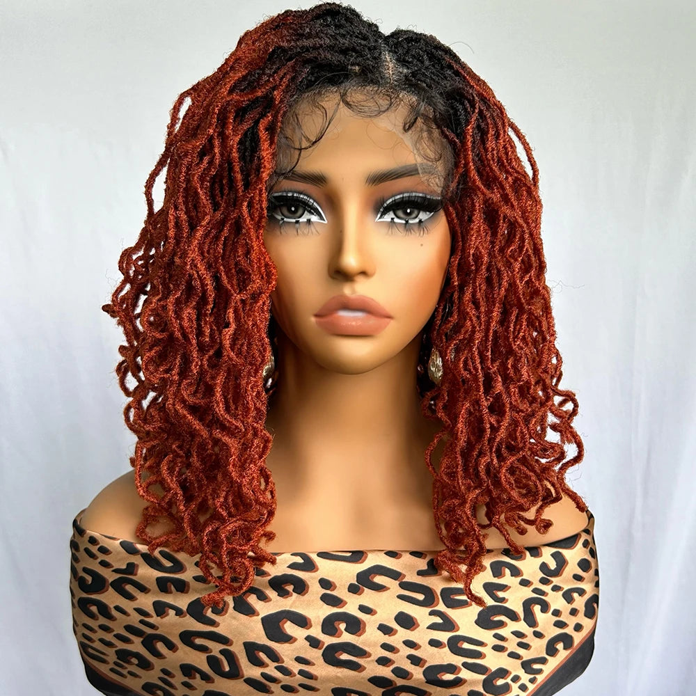14" Copper Red Faux Locs Lace Front Wig | Short Twist Dreadlocks | Synthetic Braided Wig Luxegan